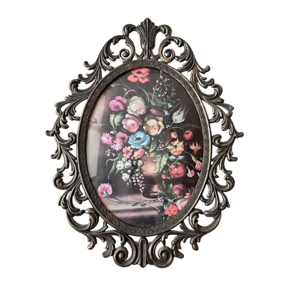 Vintage Floral Still Life Art Pair: Rococo Oval Metal Frames, Matching Pair - Picture 2 of 5